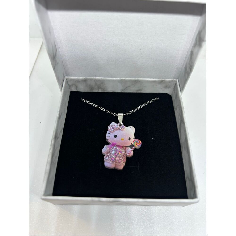 🍭 Hello Kitty Pink Rhinestone Necklace | Silver Tone Chain | Gift Ready 🍭